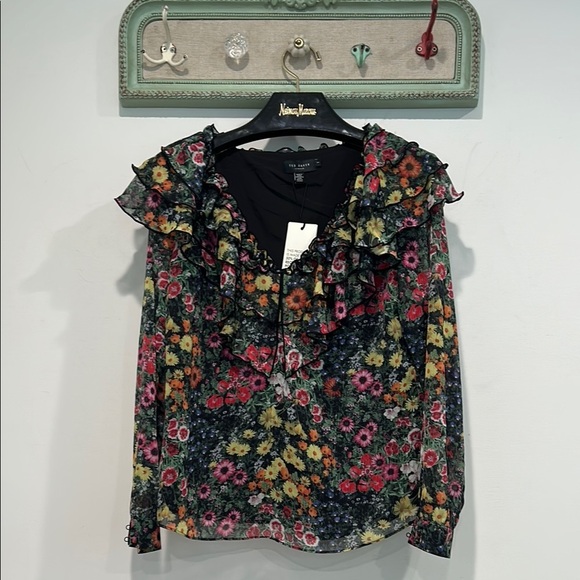 Ted Baker London Black and Pink Ruffled Flutter Sleeve Blouse - Picture 1 of 7